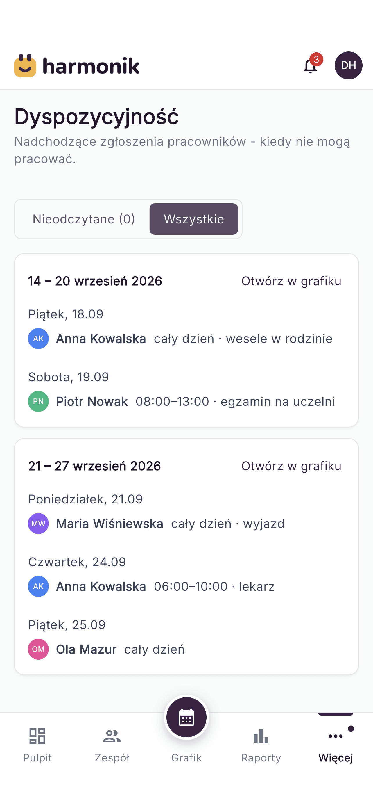 Zgłoszenia niedyspozycyjności pracowników w aplikacji Harmonik