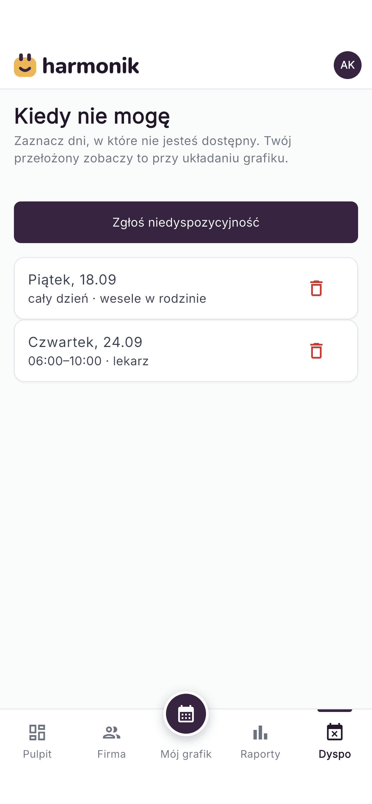 Zgłaszanie niedyspozycyjności przez pracownika w aplikacji Harmonik
