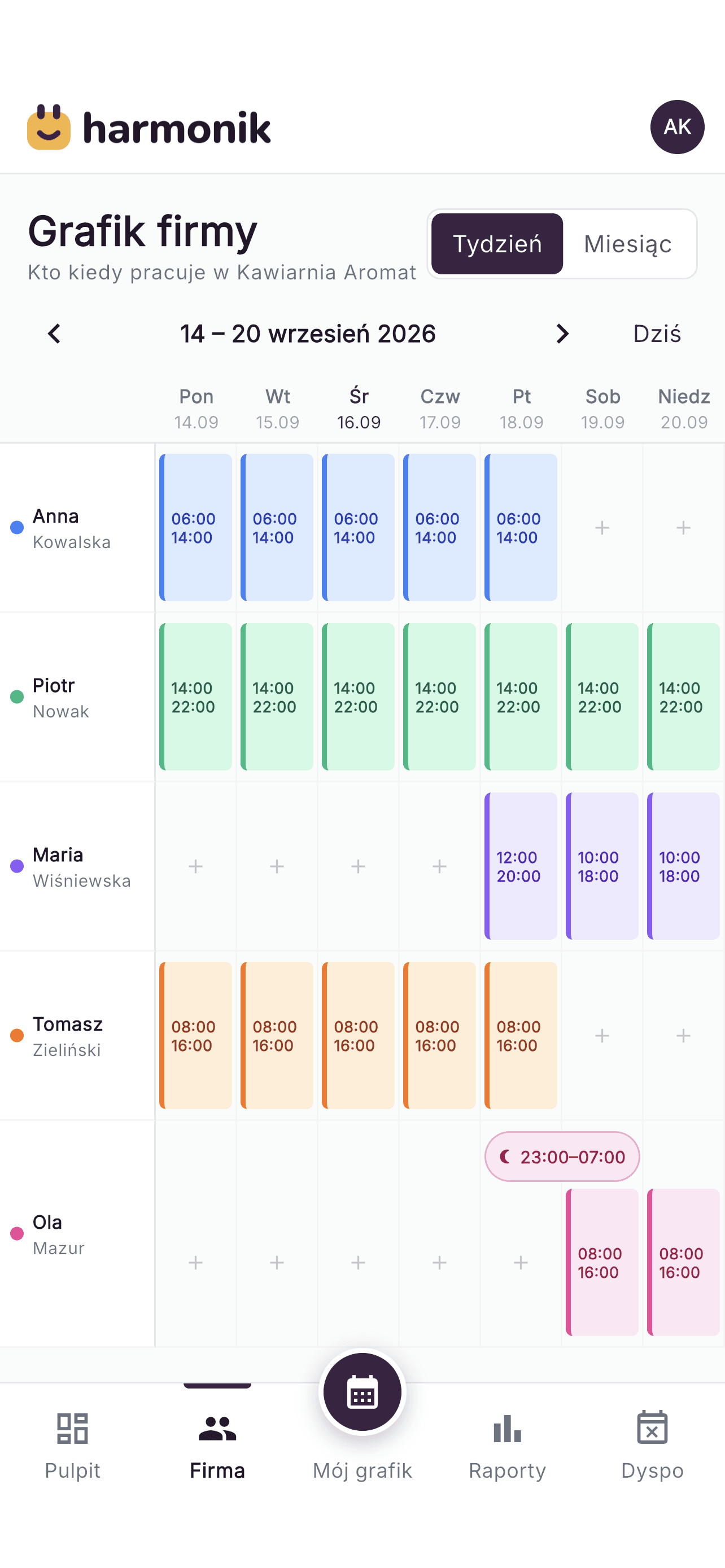 Grafik firmy widziany z konta pracownika w aplikacji Harmonik