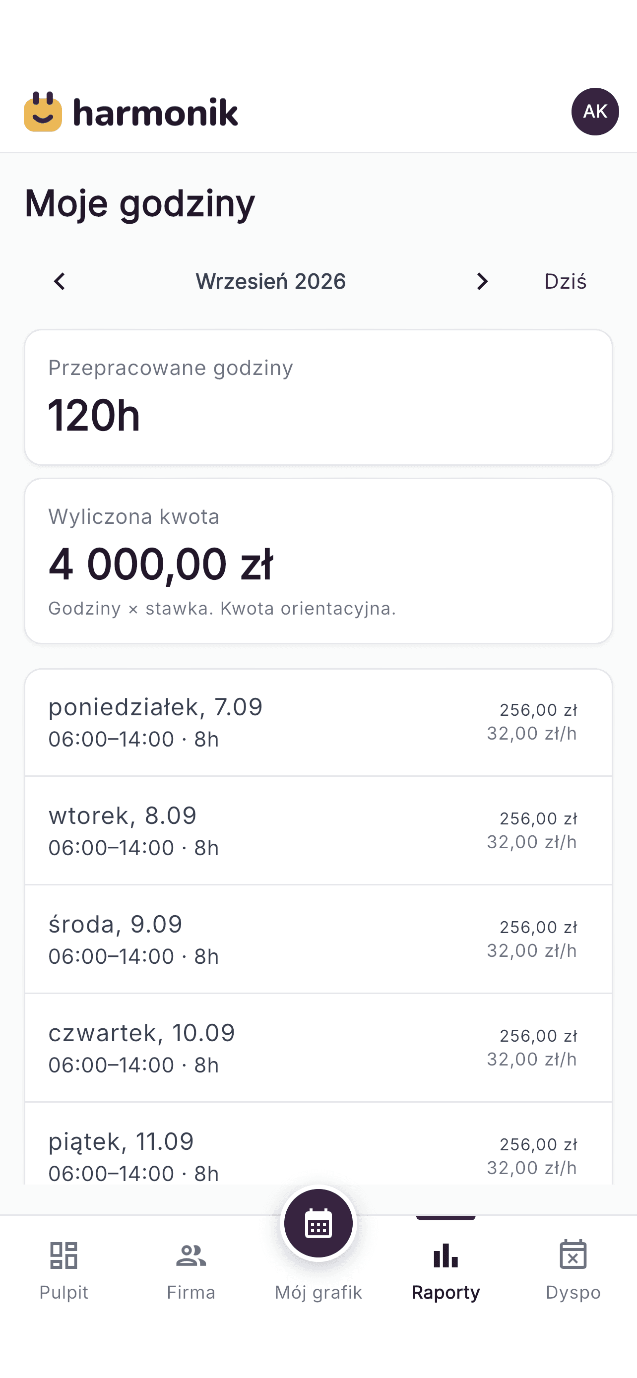 Przepracowane godziny i wyliczona kwota pracownika w aplikacji Harmonik