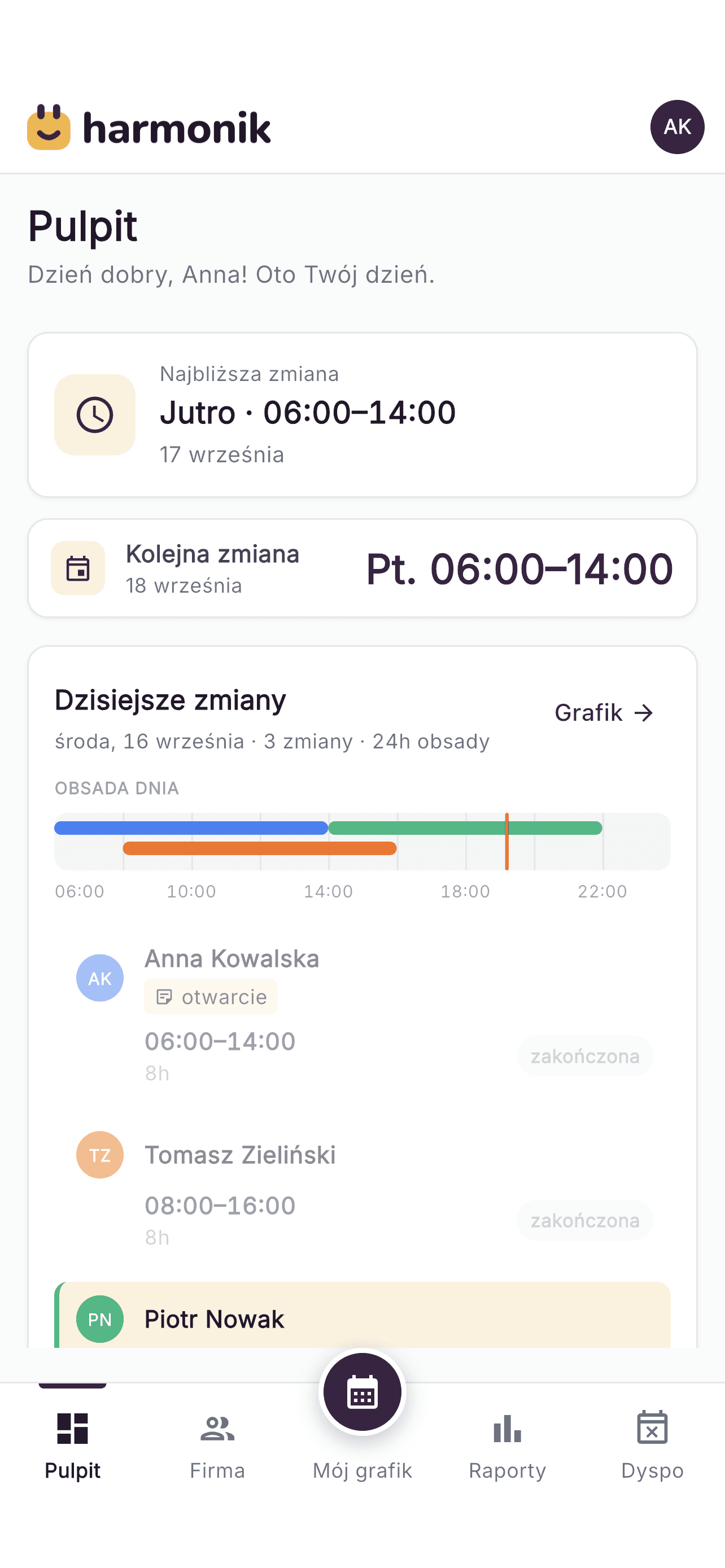 Pulpit pracownika z najbliższą zmianą w aplikacji Harmonik